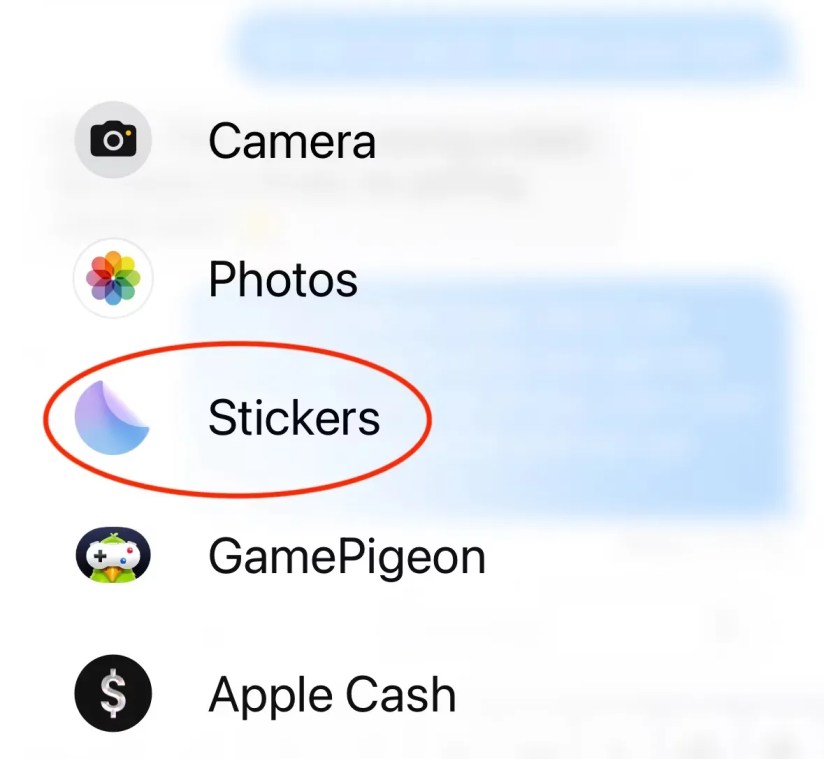 Circled &lsquo;Stickers&rsquo; button in iMessage addition menu.