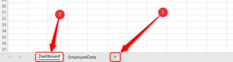 An Excel workbook with a new tab called &lsquo;Dashboard.&rsquo; The &lsquo;+&rsquo; symbol is highlighted to demonstrate where to click to add a new sheet.