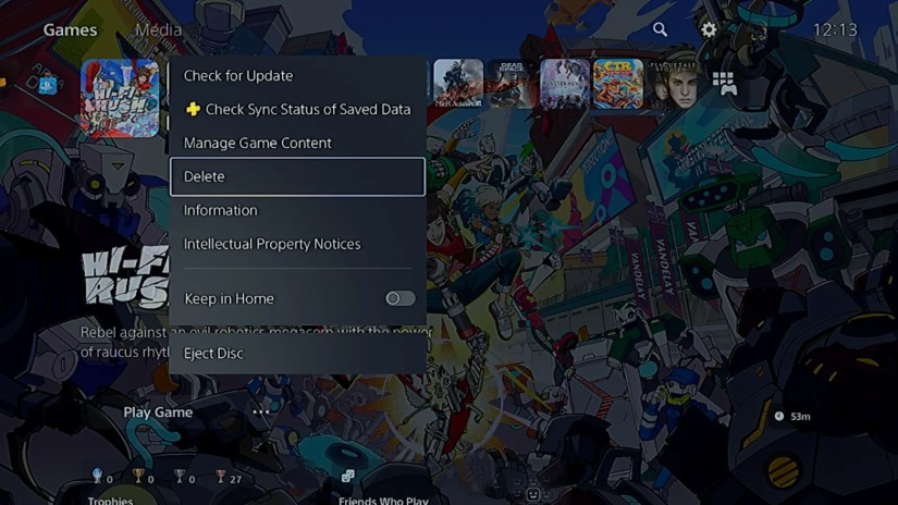 Deleting a game from the PS5 home screen.