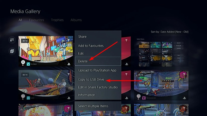 Selecting &ldquo;Delete&rdquo; or &ldquo;Copy to USB Drive&rdquo; on a PS5 when deleting or moving media.