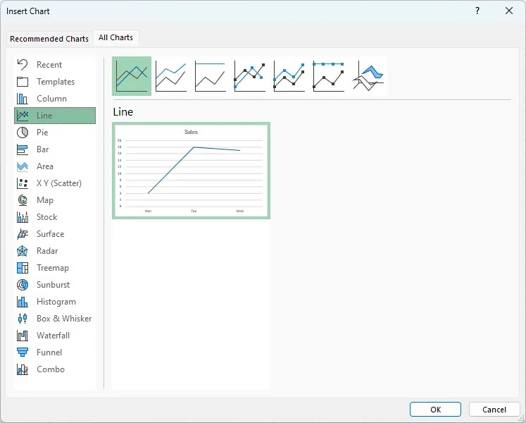 The Insert Chart dialog box in Excel&rsquo;s desktop app.