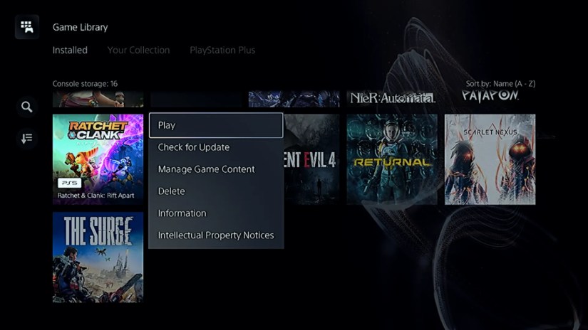 Deleting a game from the Game Library screen on PS5.