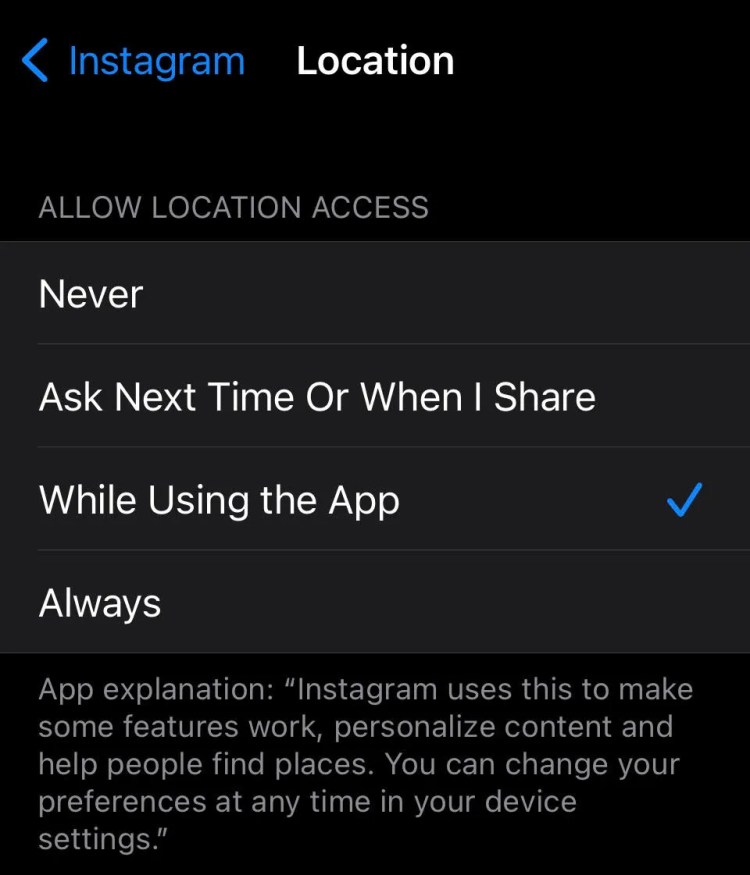 iOS Instagram Location Tracking Settings