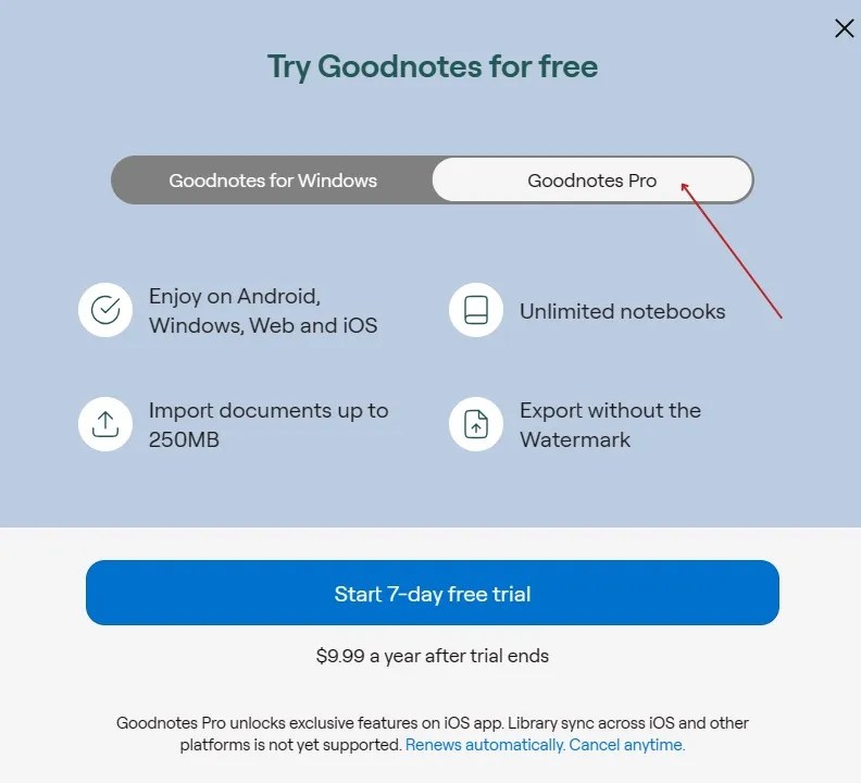 Tap or click &lsquo;Goodnotes Pro.'