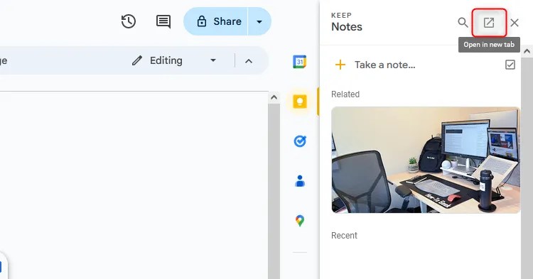 Google Keep sidebar in Docs with ‘Open in new tab’ highlighted.