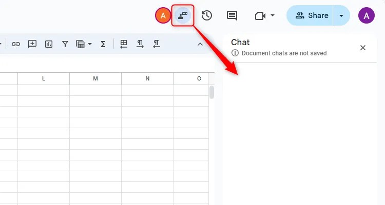 The chat icon in Google Sheets, with an arrow pointing to the chat sidebar that appears when you click the chat icon.