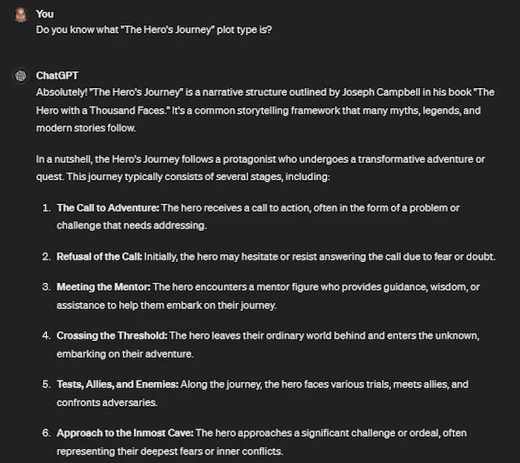 A text description of The Hero&rsquo;s Journey, from ChatGPT