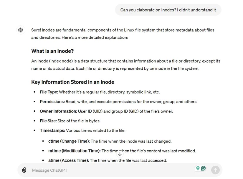 Inodes being explained by ChatGPT-1