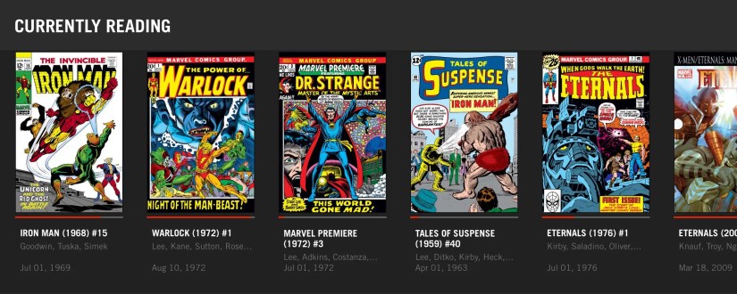 Marvel Unlimited&rsquo;s app showing currently read comic series.