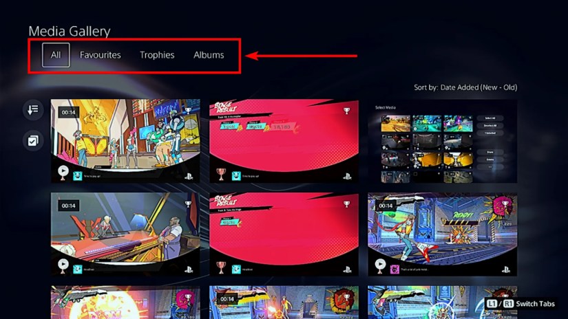 Select a tab in the Media Gallery screen on PS5.