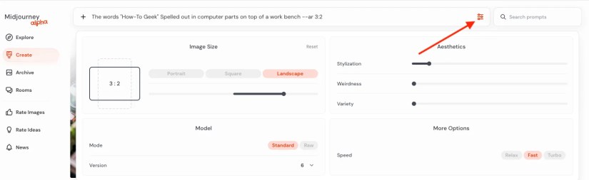 MidJourney Settings as seen when expanding the prompt box in the web interface.