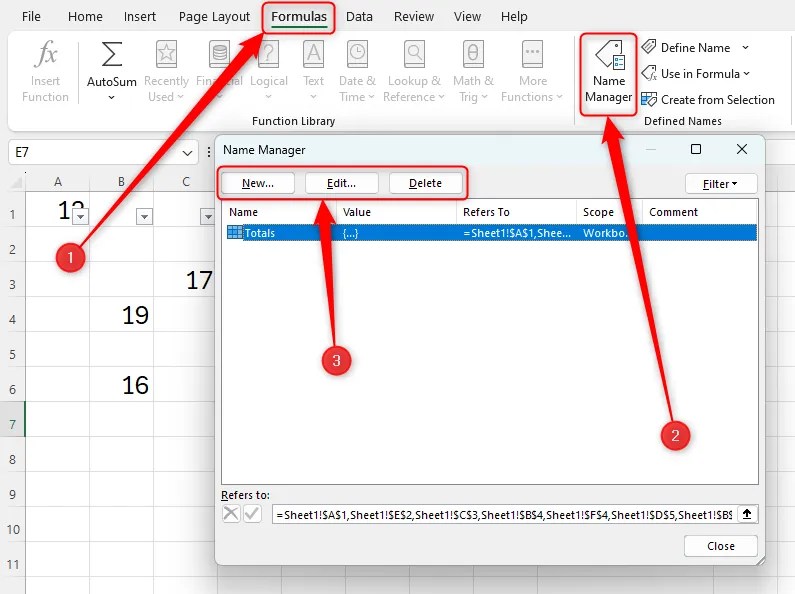An Excel workbook with the Name Manager open and the &lsquo;New,&rsquo; &lsquo;Edit,&rsquo; and &lsquo;Delete&rsquo; buttons highlighted.