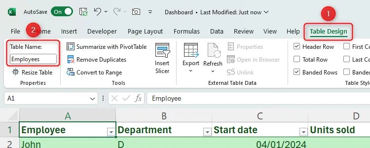 An Excel table with the Table Name area in the Table Design tab highlighted. The word &lsquo;Employees&rsquo; has been typed into the Table Name box.