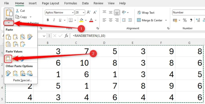 A set of numbers in Excel, generated by the RANDBETWEEN function, and the &lsquo;Values&rsquo; option under the Paste icon is selected.
