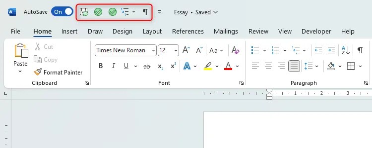 Word&rsquo;s Quick Access Toolbar, which contains the Save, Multi-level List, and Show All icons, as well as two custom green-tick icons.
