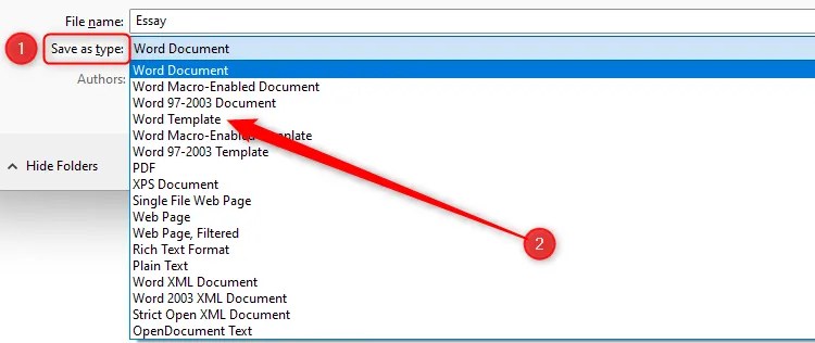 Word&rsquo;s Save As window with the Save As Type drop-down launched and &lsquo;Word Template&rsquo; highlighted.
