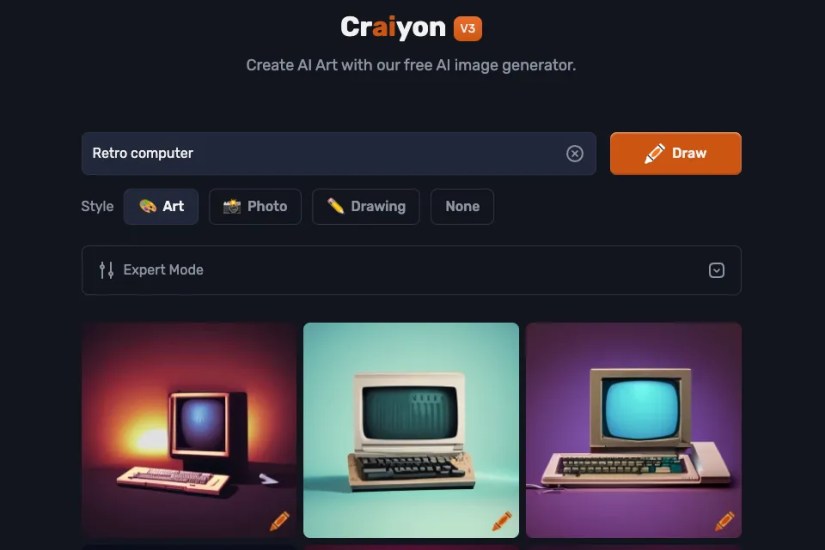 Craiyon image generation front end showing the prompt &lsquo;retro computer&rsquo; and some example images.