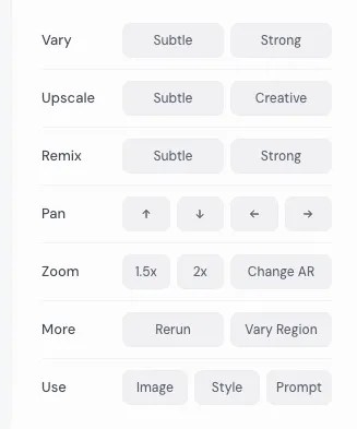 The Midjourney web image option panel.