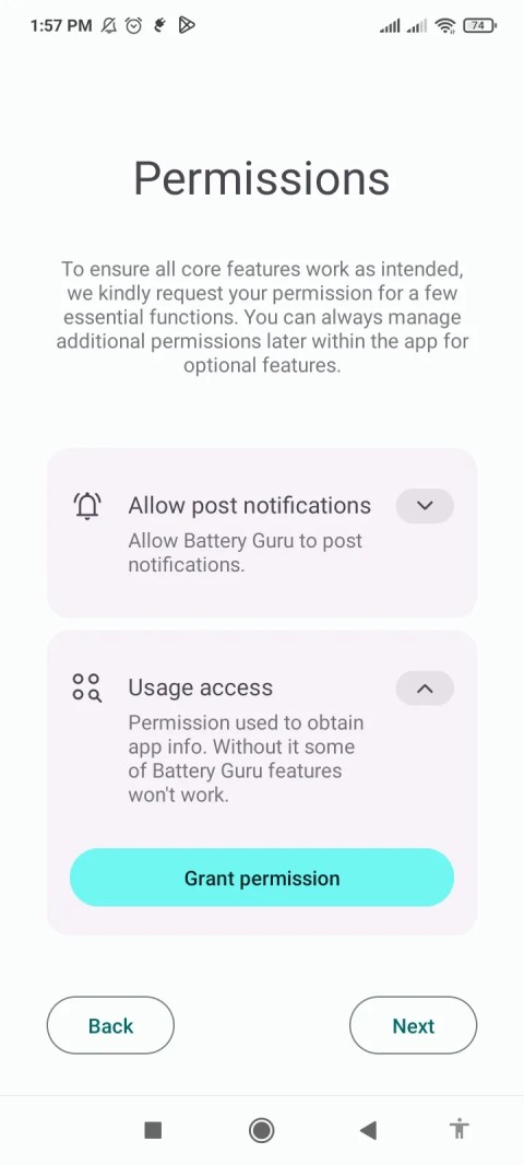 Granting Battery Guru usage access.