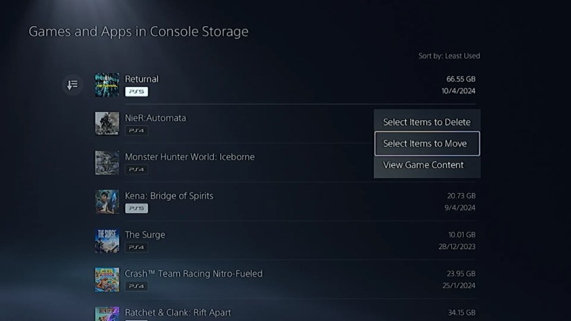 Selecting items to move to an external on a PS5.