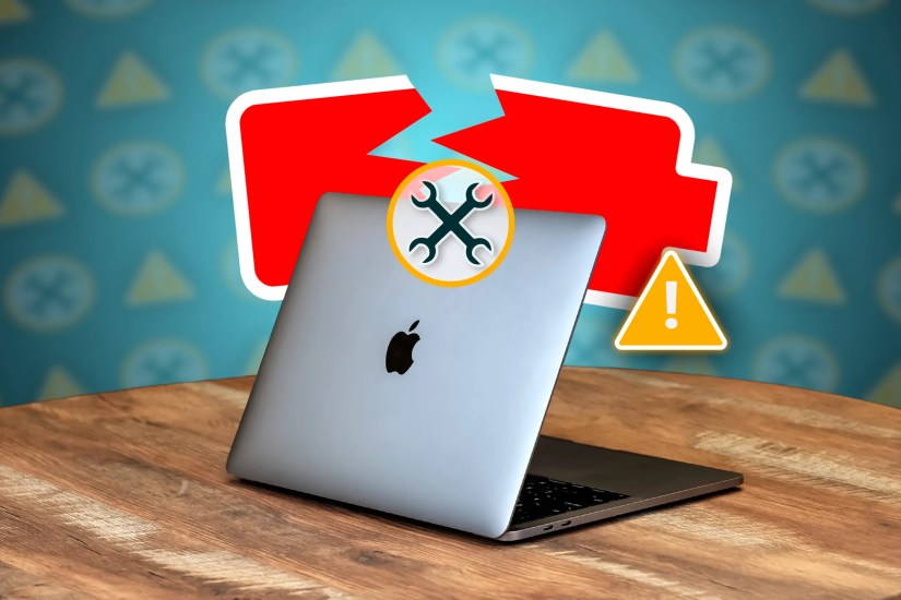 The back of a MacBook Pro with a broken battery icon and a repair icon.