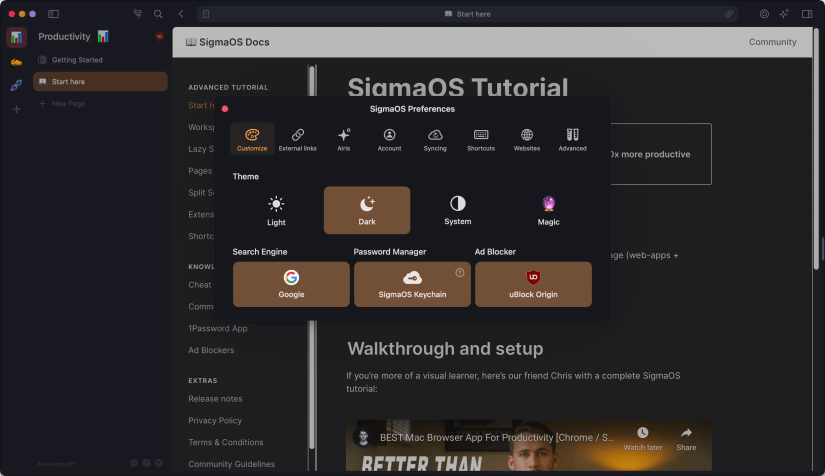 The SigmaOS preferences menu on top of the documents page.