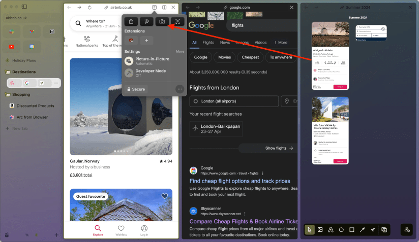 Three split windows in Arc and the easel feature.