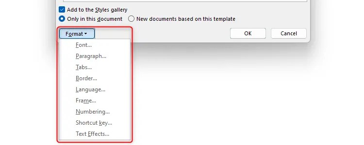 Word&rsquo;s Modify Style dialog box, with the Format drop-down clicked and the resultant options listed beneath.