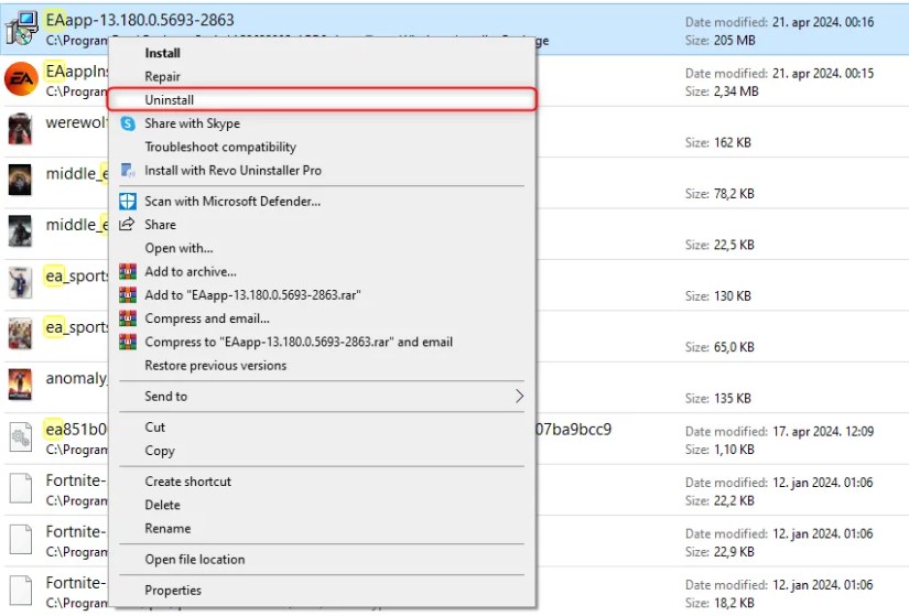 Uninstalling the EA App manually in Windows.