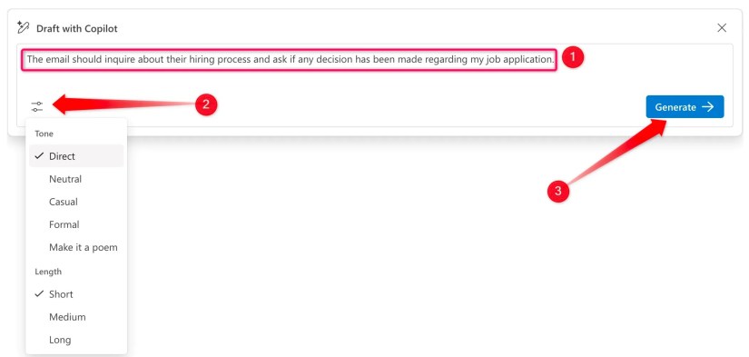 Generating an email draft in the direct tone using Copilot in Outlook.