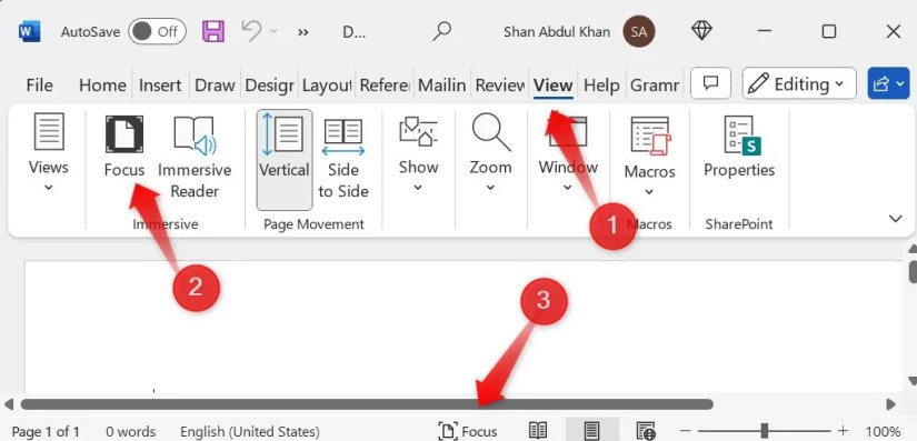 Enabling focus mode in Microsoft Word.