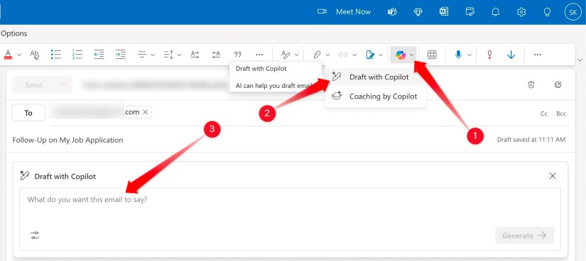 Opening the window to draft with Copilot in Outlook.