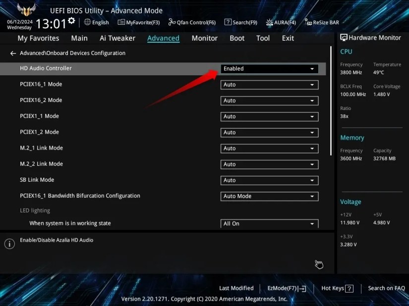 Disabling HD audio controller in BIOS.