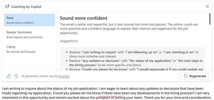 Using Coaching by Copilot to improve my email response in Outlook.