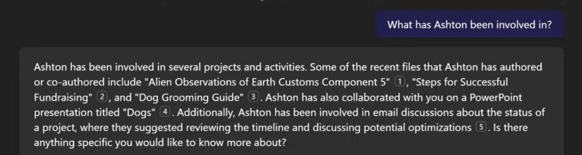 Using Copilot chat to dig into a colleague&rsquo;s recent activities.-1