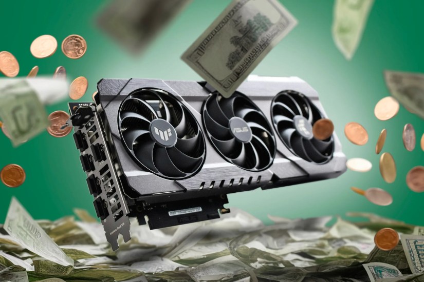 A GPU with a pile of money around it.