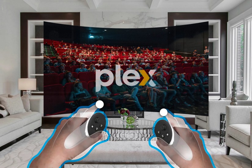 A living room with a movie playing through Meta Quest.