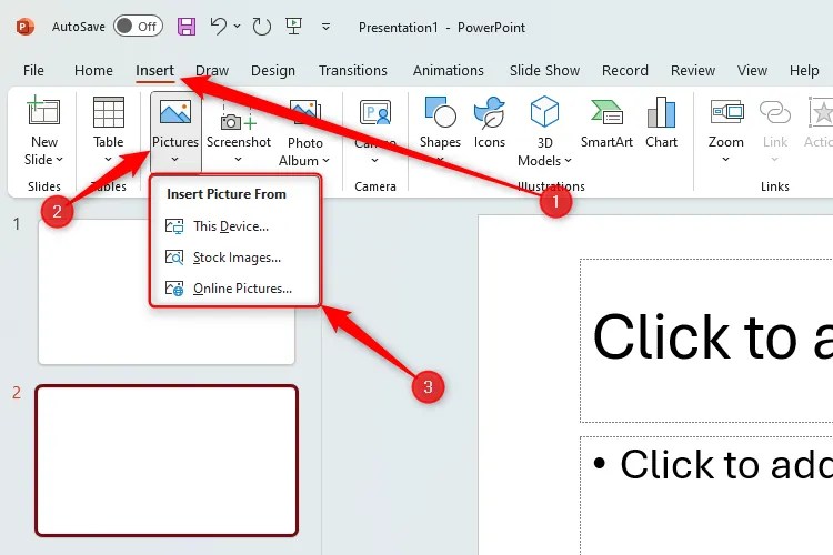 A PowerPoint slide with the Insert tab highlighted, and then the Pictures and Insert Picture From options selected.