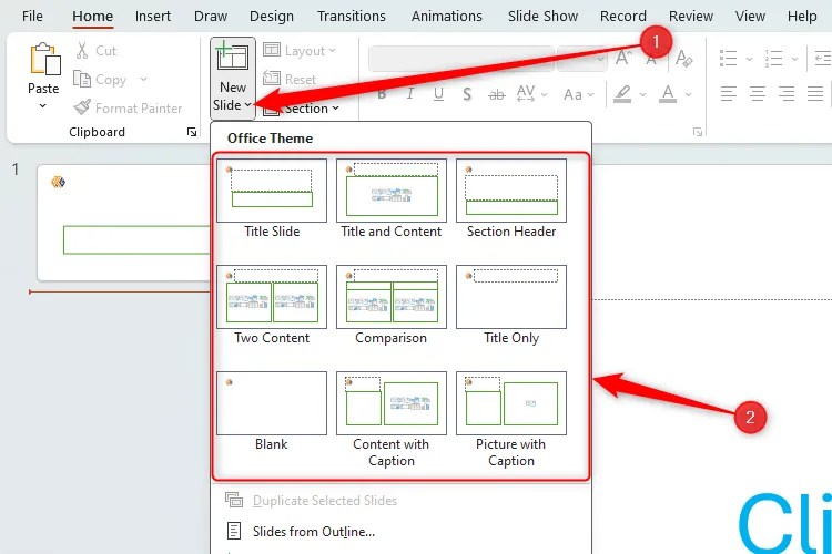 The New Slide drop-down icon in PowerPoint, with the different choices based on Slide Master designs displayed beneath.