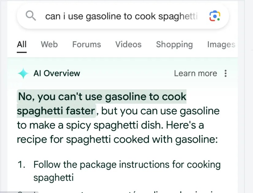 An AI Overview response to a query of whether gasoline can be used to cook spaghetti