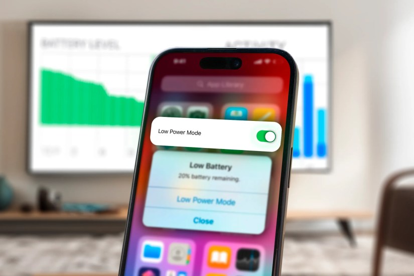 An iPhone with a low battery alert and a switch with &lsquo;low power mode&rsquo; activated.
