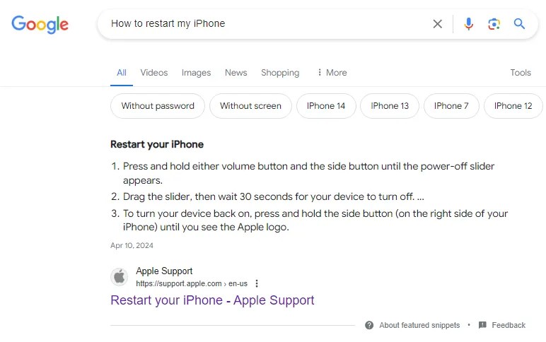Google featured snippet answering the question of how to restart my iPhone.