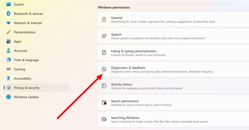 Different privacy and security settings on Windows being displayed