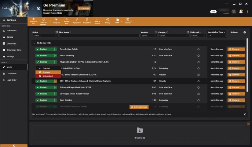Removing a mod in the Vortex mod manager.
