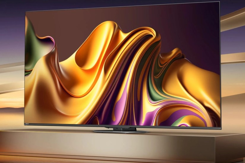 A Hisense U8N sitting on a TV shelf.