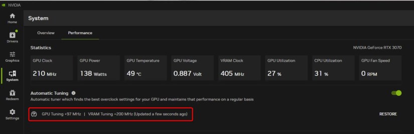 NVIDIA App automatic tuning results.