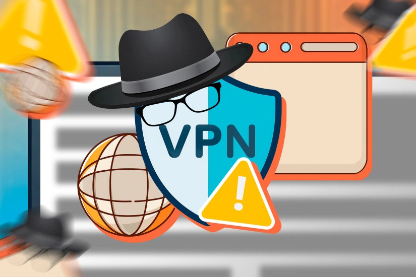 Illustration of a VPN icon, black hat and eyeglasses, browser, and a warning sign.
