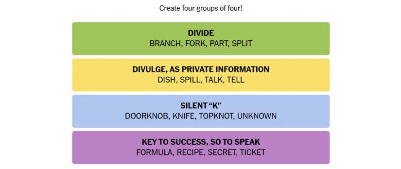 June 25th Connections words sorted into groups.