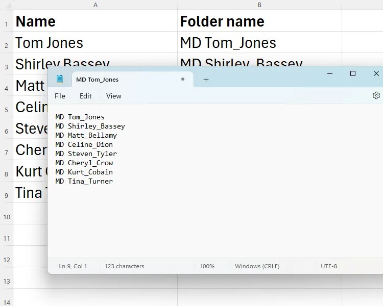 A list of names in Notepad, pasted from Excel, written using the MD format.