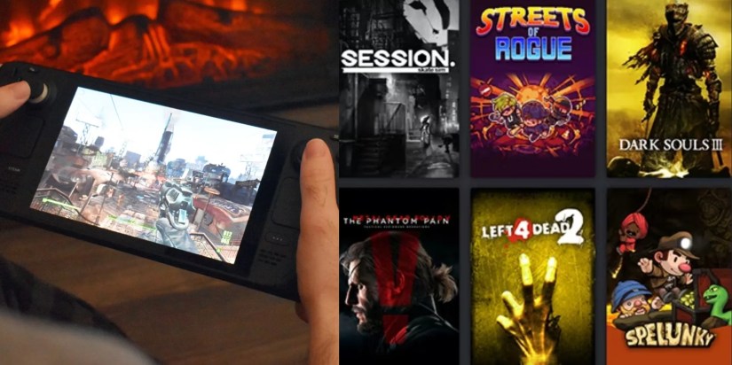 A person playing the Steam Deck next to a library of Steam games.